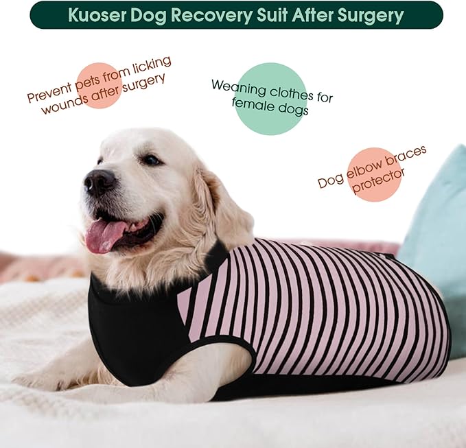 Kuoser Dog Recovery Suit, Anti Licking Dogs Rear Leg Sleeve, Abdominal Dog Surgical Suit with Pants Cover Protect Wounds, Dogs Elbow Protector Soft Pet Surgery Onesie Cone Alternative, Pink 3XL