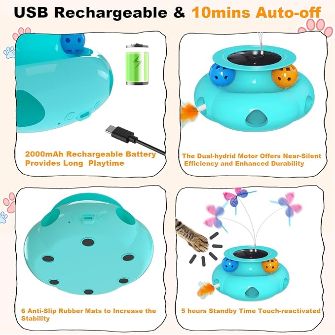 Interactive Cat Toys for Indoor Cats, 3in1 Pet Teaser Toy with Ambush Feather Wand, Fluttering Butterfly and Track Balls, Touch Activated Automatic Kitten Rechargeable Toys