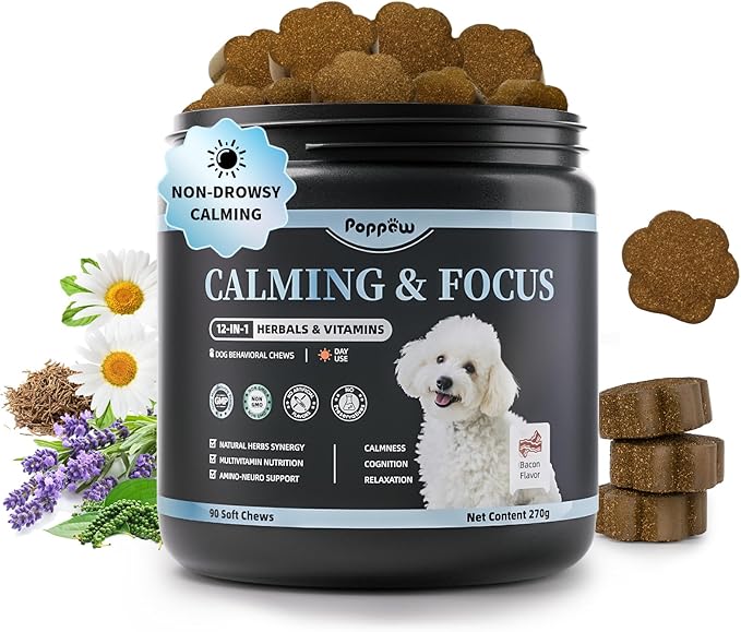 Calming Chews for Dogs – Calming Treats for Anxiety, Stress, Separation, Travel&Thunder, Relaxation & Focus Support with L-Theanine, Valerian Root, Chamomile & Ashwagandha, Bacon Flavor, 90Ct