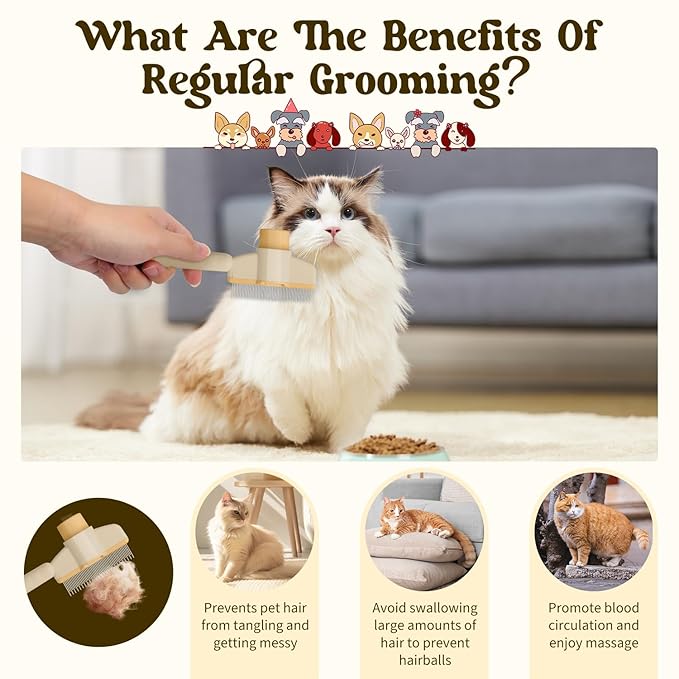 Pet Hair Removal Comb Flea Comb, 2025 New Cat Grooming Brush with Release Button, De-Shedding Cat Brush for Short and Long Hair Cats (Yellow)