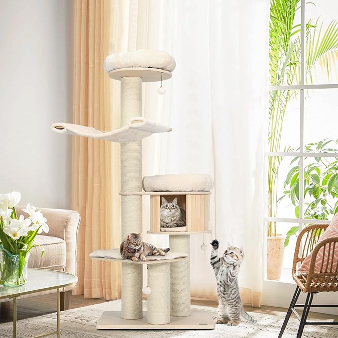 Tangkula Modern Cat Tree, Multi-Level Large Cat Tower with Condo, Hammocks & Hanging Basket, Tall Cat Tree with Sisal Posts, Washable Cushions, Wood Cat Trees and Towers for Indoor Large Cats