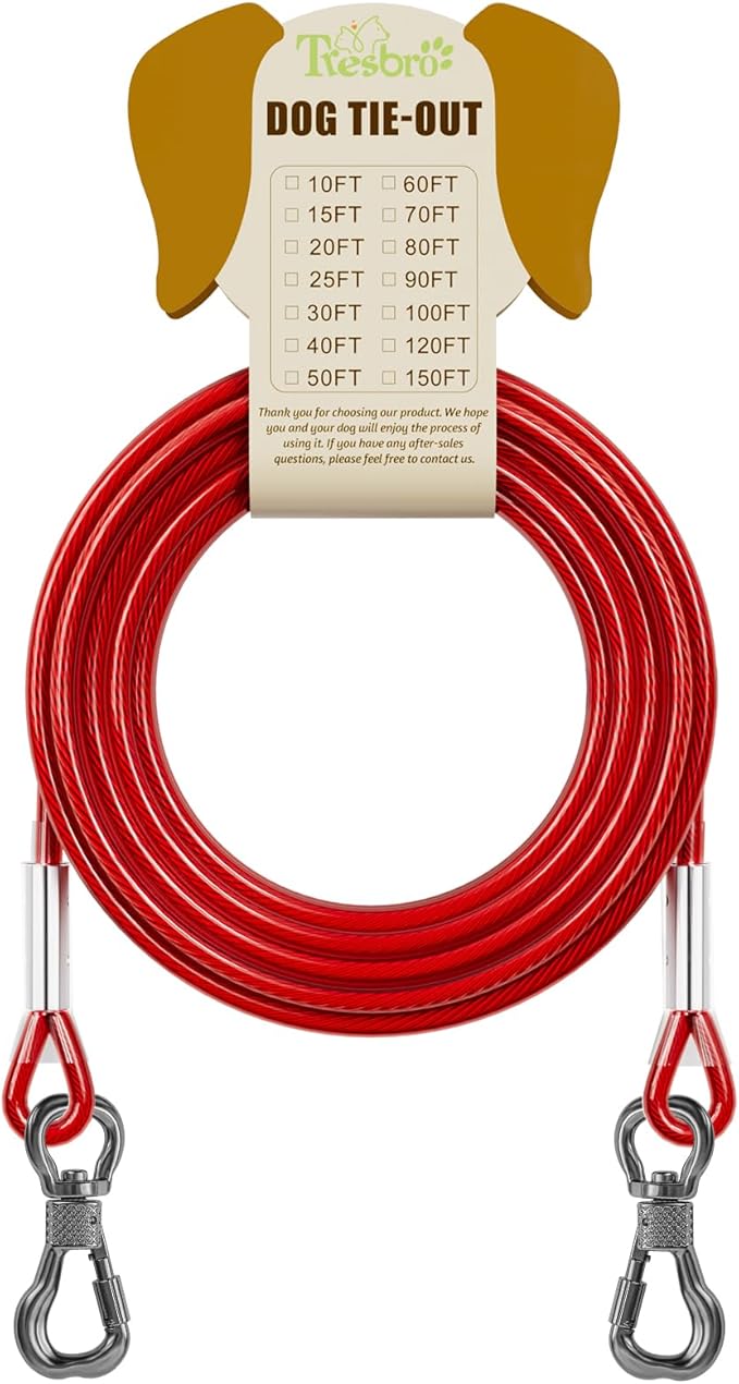 Tresbro 25FT Red Reflective Tie Out Cable for Dogs Up to 125 Pounds, Steel Wire Lead Leash with Stainless Rotatable Buckle, Lightweight and Enduring, Dog Chains Outside for Outdoor,Yard,Camping