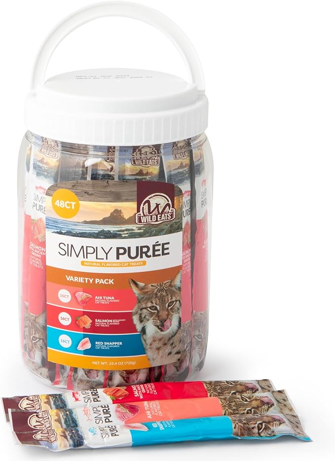 Simply Puree Variety Tub for Cats | 48 Individual Servings of All-Natural, High-Protein Puree Treats | Includes Multiple Flavors | Grain-Free, No Artificial Additives, Smooth Texture