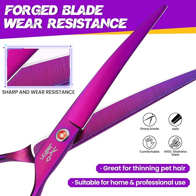 JASON 7.5" Dog Grooming Scissor - Professional Down-curved Shear with Ergonomic Handle Japanese Stainless Steel Trimming Scissor for Dogs, Cats and Other Pets, Sharp (Curved, Purple)