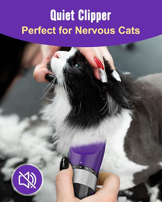 oneisall Cat Grooming Clippers for Matted Long Hair, 5-Speed Cat Grooming Kit Cordless Low Noise Pet Hair Clipper Trimmer Shaver for Dogs Cats Animals (Purple)