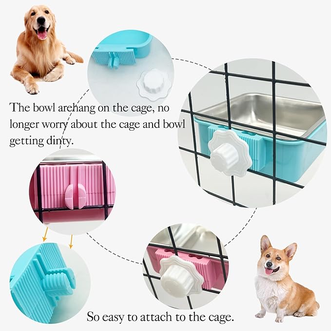 kathson Crate Dog Bowl, Removable Stainless Steel Hanging Pet Kennel Cage Bowl Food & Water Feeder Coop Cup for Puppy, Cat, Rabbit,Guinea Pigs 2pcs Large Square(Blue,Pink)