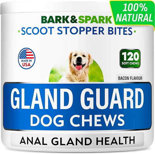 BARK&Spark Dog Anal Gland Treatment Chews - AnalGland Support Supplement - Stop Scoot & Reduce Odor with Prebiotics & Digestive Enzymes - Bacon Flavor, 120 Treats