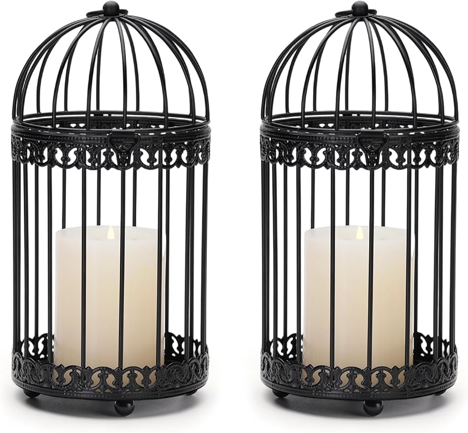 NUPTIO Black Decorative Bird Cage: Birdcage Hanging Lantern for Pillar Candles - Vintage Bird Cages Candle Holders for Halloween Christmas Table Centerpiece 7.7 Inch H