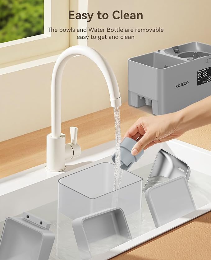 Rojeco 36Cups/8.5L Pet Automatic Cat Feeder and Gravity Water Dispenser,Stainless Steel Bowls 2-in-1 Set Large Capacity 5L Food Feeder and 3.5L Water Fountain for Cats,Pets,Small Dogs,Grey