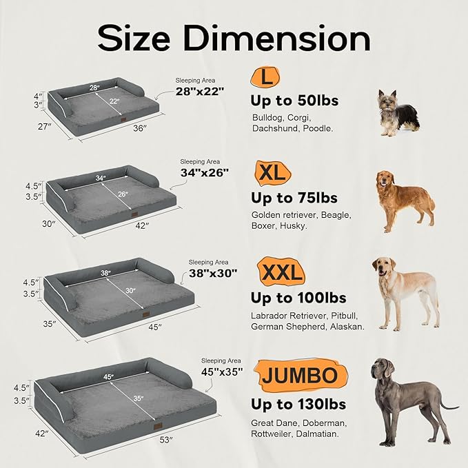 Large Dog Bed Orthopedic Washable - Beds Bolster - Extra XL XLarge Big Dogs - Memory Foam Couch Sofa - Waterproof with Removable Cover - Dark Grey Dog Bed