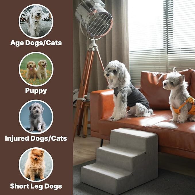 MEWANG Dog Stairs for Small & Medium Dogs and Old Cats –3/4/ 5 Steps High-Density Foam Pet Ramp for Bed & Couch, Non-Slip, Washable Cover, Grey (Square Corner, 3 Steps: 17.95''×14.96''×13.70'', 2)
