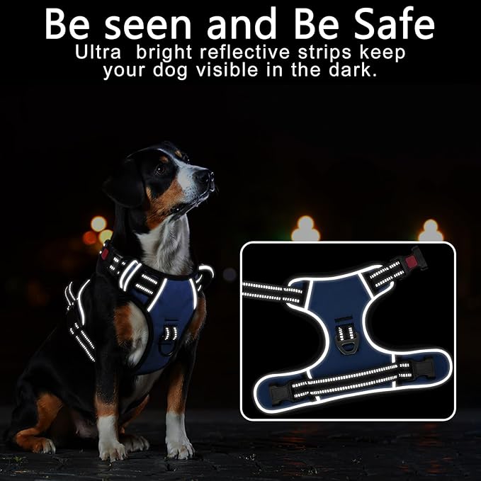 Timos Dog Harness for Large Dogs, No Pull Service Vest with Reflective Strips and Control Handle,No Choke Dog Harness with 2 Metal Rings for Easy Walking,Outdoor Training,Blue, L