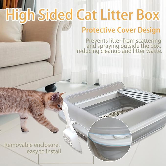Collapsible Kitten Litter Box, Open High Sided Cat Potty Pan with Scoop Shallow Cat Toilet Anti-Splashing Low Entrance Travel Litter Box with Falling Sand Pedal for Kitty to Senior Cats