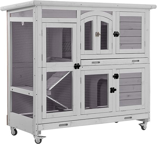 Aivituvin Rabbit Hutch Indoor, Bunny Cage with Wheels, 2-Story Design, 2 Deep Trays, Anti Slip Ramp, Ideal for Small Animals - Grey