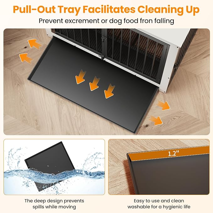 Dog Crate Furniture, Large Dog Crate Furniture, Wooden Cage Kennel Furniture Indoor, Modern Dog Crate with Multi-Purpose Removable Tray, Double-Doors Dog Furniture, End table dog crate, White