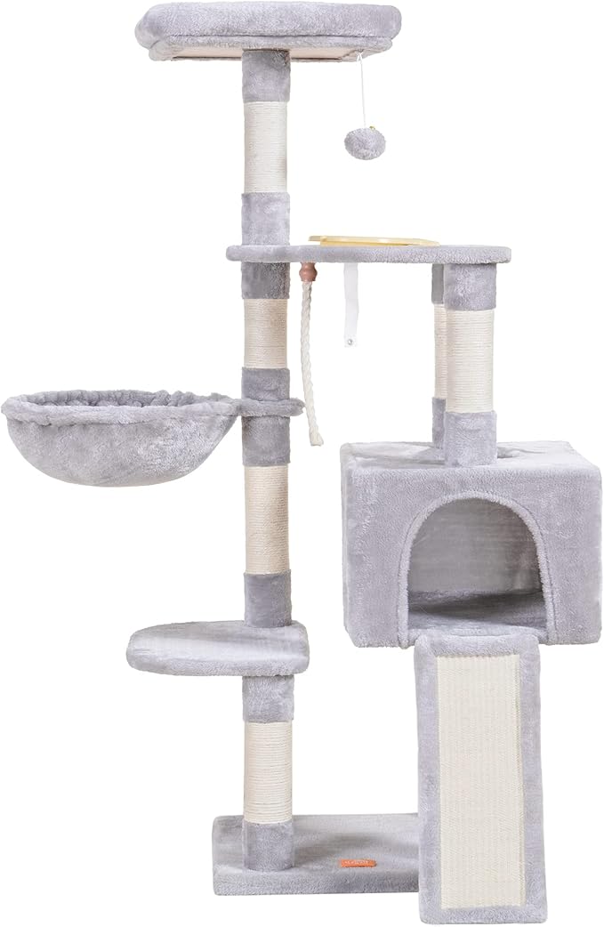 Heybly Cat Tree, Cat Tower for Indoor Cats with Scratching Board, Multi-Level Cat Furniture Condo with Feeding Bowl, Light Gray HCT010MW
