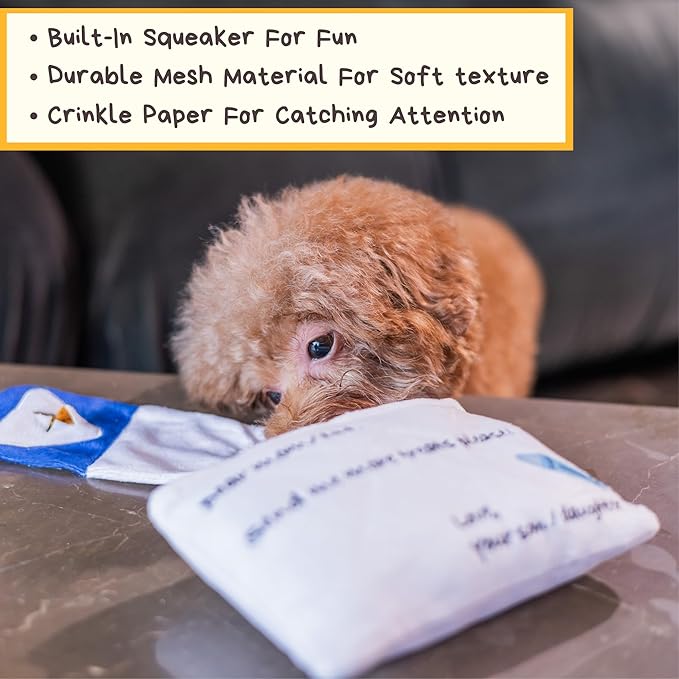 Hong Kong Airmail Soft Plush Nose-Work Squeaky Dog Toy - Durable & Cute 2-in-1 Envelope & Letter for Interactive Play, Extendable Cloth to Hide Food for Puzzle Fun, Small Medium Dogs