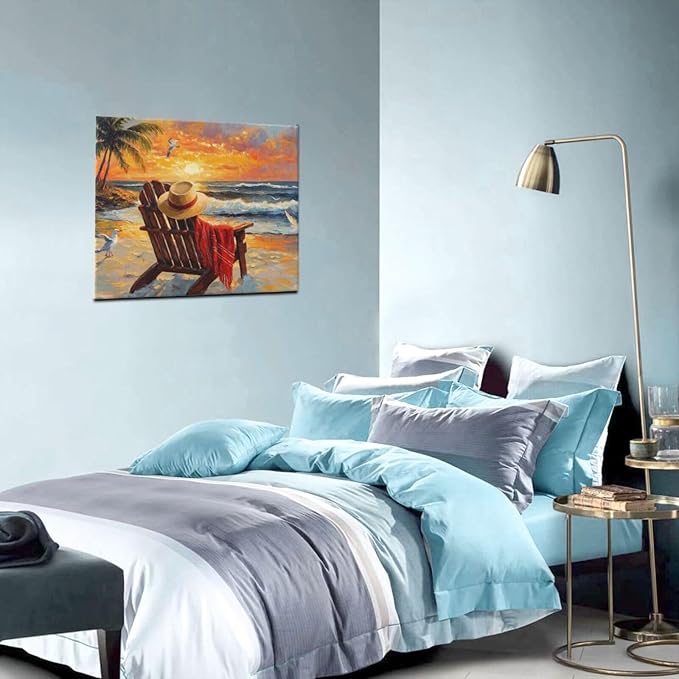 Beach Coastal Bathroom Pictures Wall Art, Seaside Ocean Bathroom Wall Decor, Sunrise Palm Framed Painting Canvas Artwork for Bedroom Living Room Decorations 24"L x 20"W