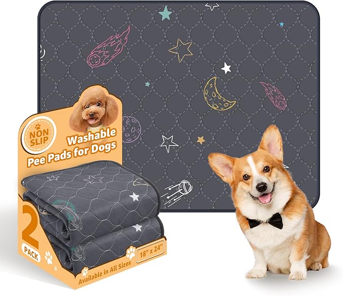 LOOBANI Washable Pee Pads for Dogs: 2 Pack Reusable Puppy Pads for Small Pet, Waterproof Whelping Pads, Non-Slip Potty Training Mat for Dog Playpen, Floor, Cage, Sofa, Crate, Grey, 18" x 24"