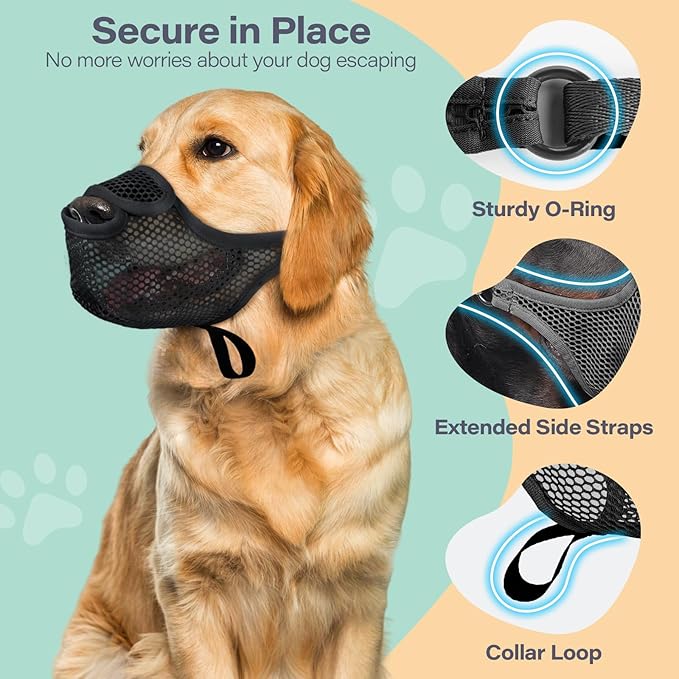 LUCKYPAW Dog Muzzle for Large Medium Small Dogs, Patented Mesh Muzzle to Prevent Biting Chewing Eating, Soft Mouth Guard with Front Opening Design for Drinking Panting(Black, XS)