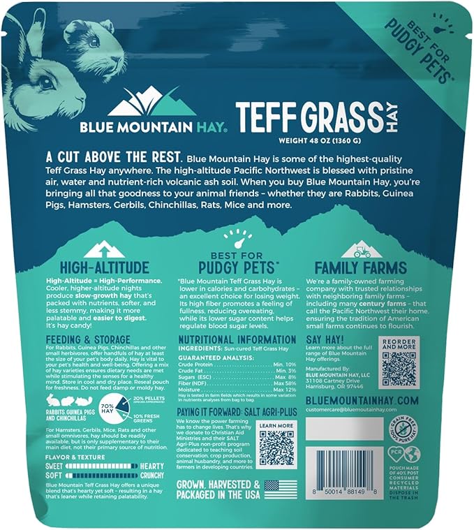 Blue Mountain Hay | Fresh Teff Grass Hay (48 Ounce) | Low NSC, High Fiber, Healthy Weight Management | High-Altitude Hay Pet Food for Rabbits, Guinea Pigs, Chinchillas, Hamsters, and Other Small Pets