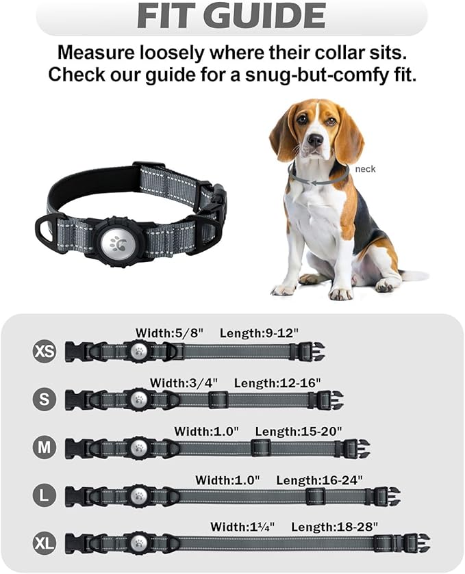 TagME Airtag Dog Collar,Waterproof Reflective Pet Collar with Airtag Holder,Soft Padded and Double D-Rings for Medium Dogs,Grey