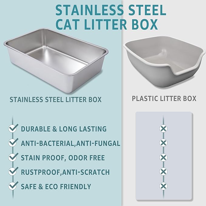 Stainless Steel Litter Box-Metal Litter Box Large for Cats Easy to Clean,Large Metal Cats Box Litter, Litter Boxes for Cat/Kitty/Rabbits,Non Stick, No Smell