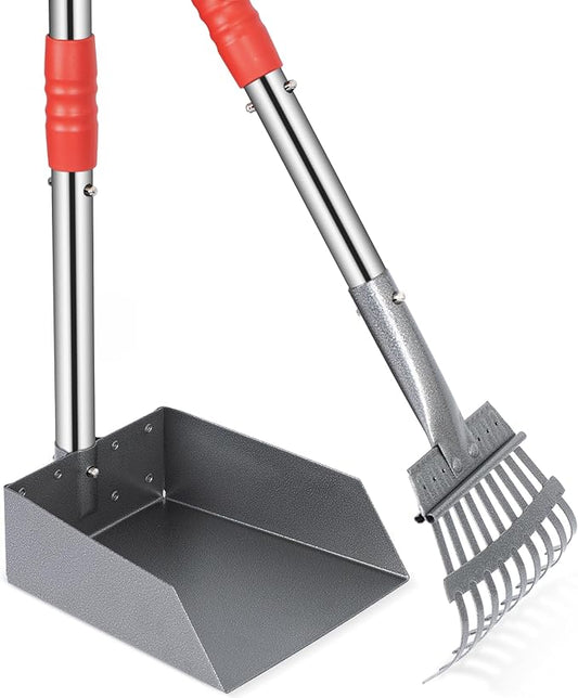 Heeyoo Dog Pooper Scooper, Dog Poop Tray and Rake Set, Pet Waste Removal Scoop with Long Adjustable Sectional Stainless Handles
