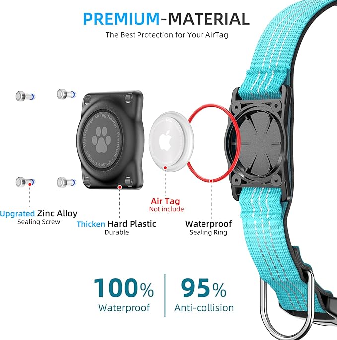 Upgraded AirTag Collar, IP68 Waterproof Holder, Reflective, Ultra-Durable, Comfortable Padded, Heavy Duty for Small to Large Dogs (XS (10.25"-13"), Blue)
