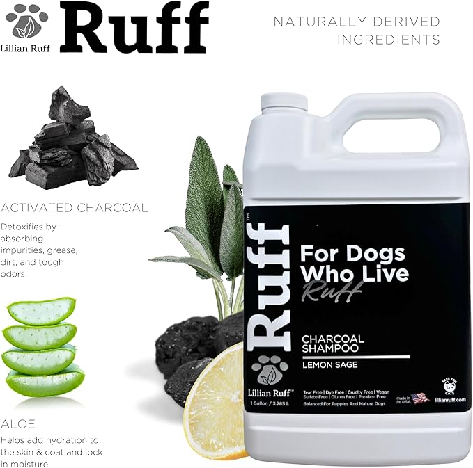 Ruff by Lillian Ruff Activated Charcoal Pet Shampoo – Lemon Sage – Deep Cleanser, Deodorizer & Stain Remover – Hydrates Dry Itchy Skin – Puppy & Dog Safe – USA Made (Gallon Pump)