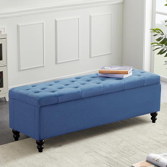 Ottoman with Storage,50.2-inch Upholstered End of Bed Storage Bench for Bedroom,for The Living Room,for Entryway, with Button and Safety Hinges,Detachable (Blue)