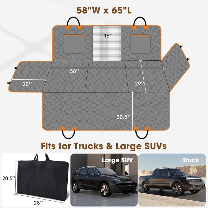 MIXJOY XL Dog Back Seat Extender for Truck, Hard Bottom Dog Car Seat Cover for Back Seat, Waterproof Dogs Backseat Cover for Crew Cab Truck and Large SUV, Waterproof Backseat Dog Hammock for Truck