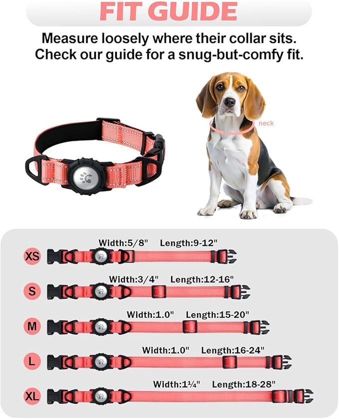 TagME Airtag Dog Collar,Waterproof Reflective Pet Collar with Airtag Holder,Soft Padded and Double D-Rings for Large Dogs,Baby Pink