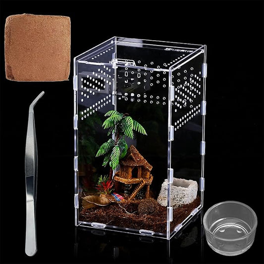 Micro Habitat Terrarium Kit (4pc Set) - Acrylic Reptile & Spider Enclosure (4.7 * 4.7 * 8 Inches)