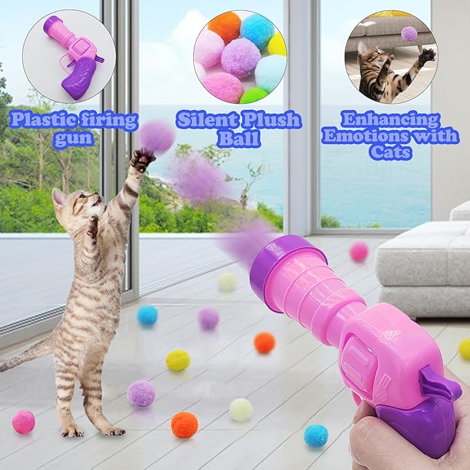 Andiker Plush Pom Pom Balls Set - Interactive Cat Toy (30pcs - Pink: 100balls, Launcher Set)