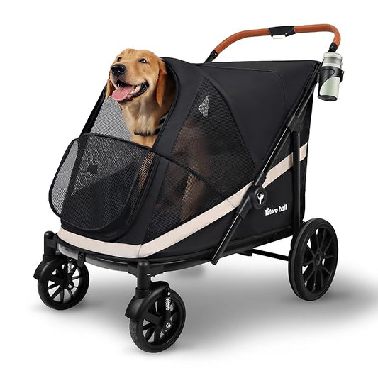 Dog Stroller for Large Dogs One-Click Folding 4 Wheel Foldable Dog Stroller for 2 Dogs with Storage Pocket Suitable for Pets Up to 110LBS (Black, Large)