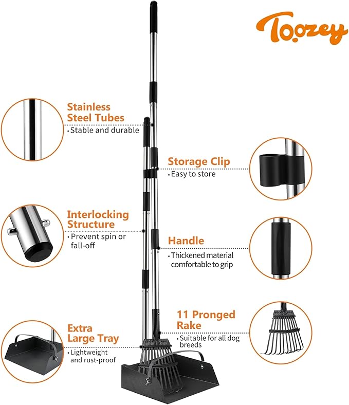 Toozey Dog Pooper Scooper, Extra Large Stainless Steel Tray Long 54" Handle, Easy Cleanup for All Dog Sizes, Includes 20 Bags