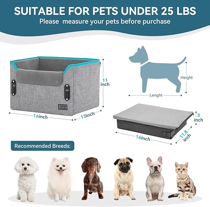 PETSFIT Dog Car Seats for Small Dogs, Patent Safety Buckles Dog Booster Car Seat, Dog Carseat with Safety Belt, Suitable for Small Pets Up to 25lbs (Grey)