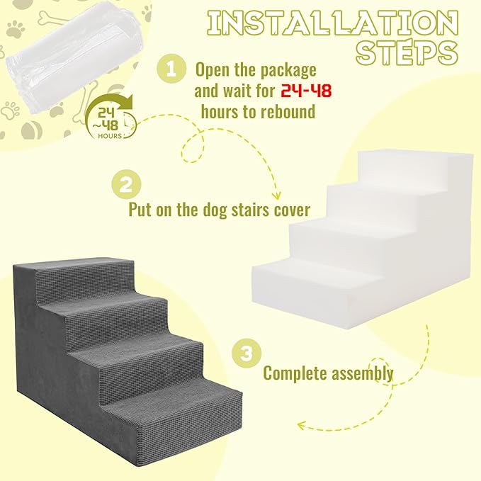 Niubya Dog Stairs for Small Dogs and Cats,18'H Non-Slip Bottom Pet Steps for High Beds and Couch,High-Density Foam Pet Stairs Grey,4 Steps