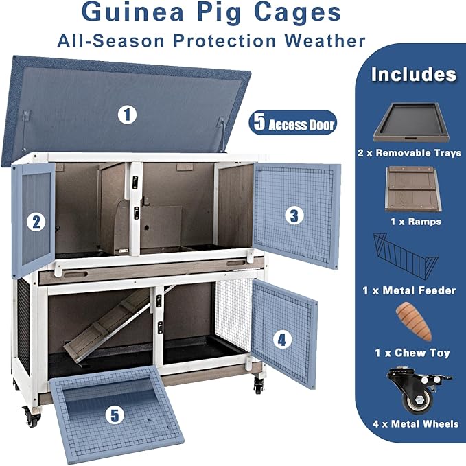 36" L Guinea Pig Cages Wooden, 2 Story Rabbit Cage Indoor Guinea Pig Habitat on 4 Metal Wheels and 2 Deeper Pull-Out Trays, Ramp, Leak Proof Guinea Pig Cages Indoor Small Animal Cage, Grey