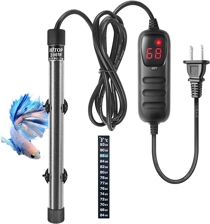 HITOP Compact Submersible Aquarium Heater -100W Digital Heater for Fish Tank Turtle Tank 10-25 Gallon, Saltwater and Fresh Water with Temperature Controller (100W)