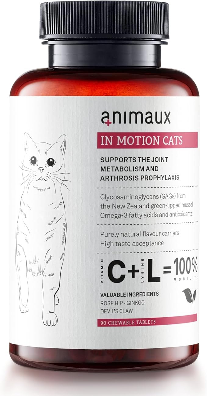 animaux - in Motion Cats, Green-lipped Mussel, Devil's Claw, Rose Hip & Ginkgo, Support for Bones, Joints, Cartilage, tendons, with Hyaluron, Collagen, 90 chewable Tablets, 90 Days Supply