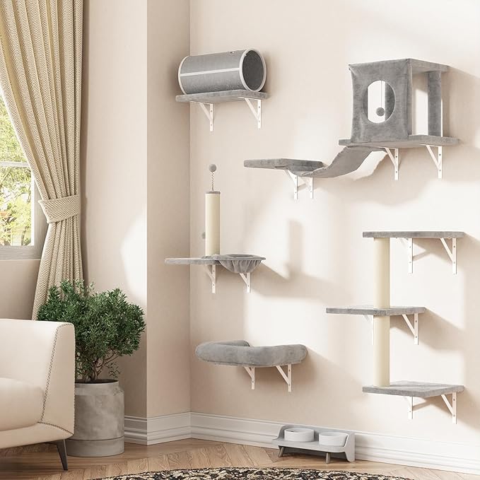 NUNU LAB Wall Mounted Cat Furniture, 7 Pcs Cat Wall Shelves with House, Tunnel, Bridge, Steps, Scratcher, Hammock, Bed, Indoor Safe & Stable Furniture for Kittens Play, Gray