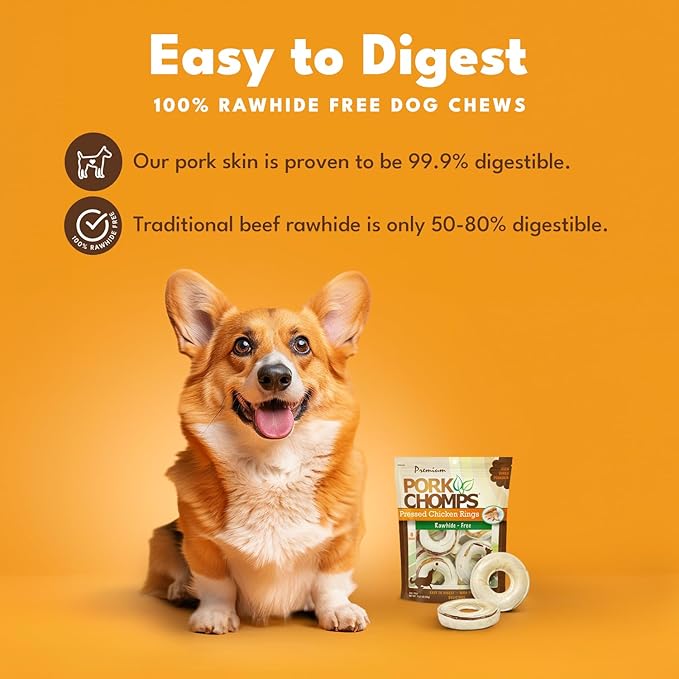 Pork Chomps Pressed Pork Skin Dog Chews, 2.5-inch Rings, Real Chicken, 8 Count (Pack of 2)