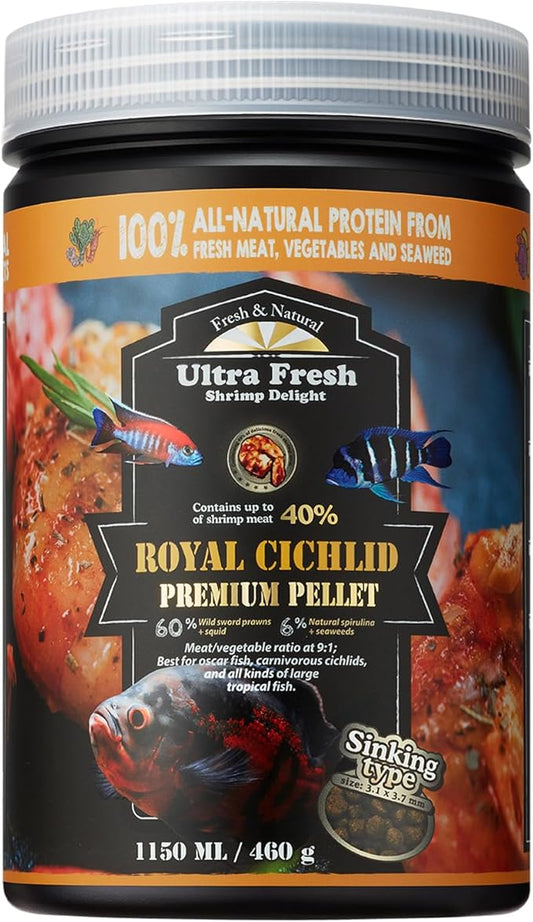 Royal Cichlid Premium Sinking Fish Food, Wild Sword Prawns, All Natural Ingredients, Carnivore Pellets for Large Tropical Fish, 16 oz