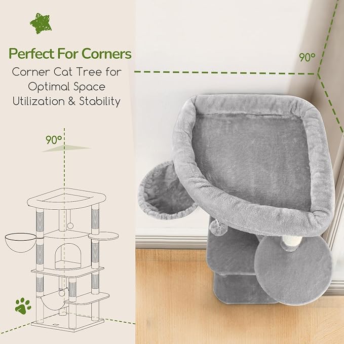 Globlazer Corner Cat Tree Tower for Indoor Cats, 51in Multi-Level Cat Condo Tower with Large Hammock, 7 Sisal Scratching Posts, Oversized Top Perch, Spacious Cat Cave, Hanging Basket, C51, Light Gray