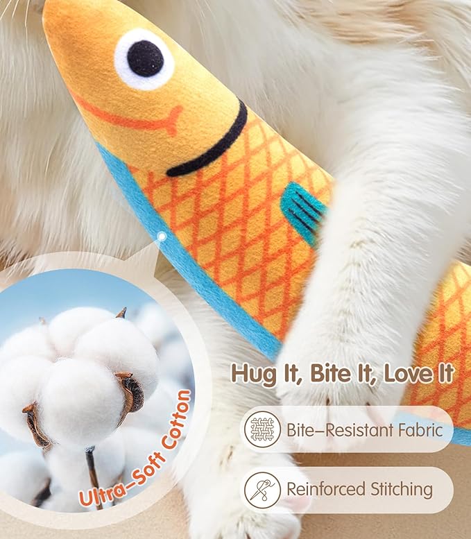 Interactive Cat Toys with[5000mg Premium A+Catnip][Baby Grade] Soft Chew Kicker Cat Toys for Indoor Cats & Kittens, Crinkle &Rattle Fish Sound Toy, Drives Bored Cats Crazy with Fun,3 Pack