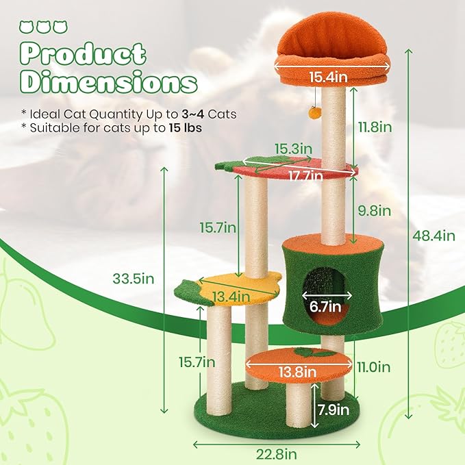 Happy & Polly Cute Cat Tree - 48.4" Fruit World Cat Tower for Indoor Cats, Multi-Level Cat Condo with Sisal Scratching Posts, Private Cave, Plush Strawberry Perches, Perfect Cat Tree Activity Center