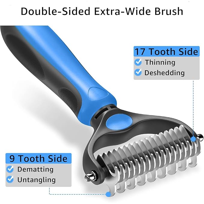 YINGFAN Pet Grooming Combo, Double-Sided Dematting Deshedding Undercoat Rake for Dogs and Cats, Extra Wide Dog Brush for Shedding (Blue)