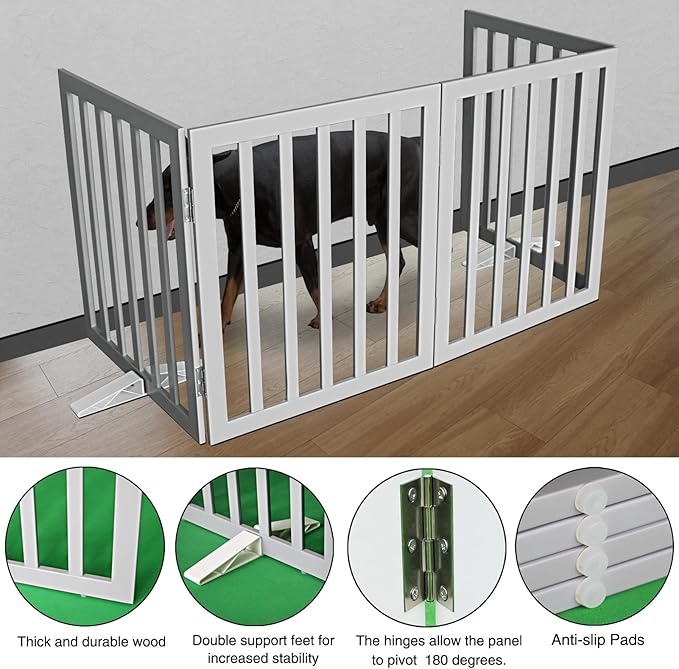 ZJSF Freestanding Indoor Dog Gate for House Foldable Wood Puppy Gate for Doorways Pet Gate for Stairs Extra Wide Pet Fence, Grey, 24" Height 4 Panels